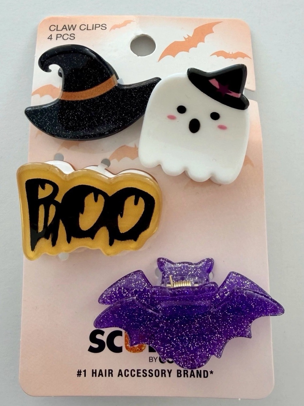Scünci Halloween Hair Claw Clip Set - Ghost, Witch Hat, 'Boo' & Purple Bat